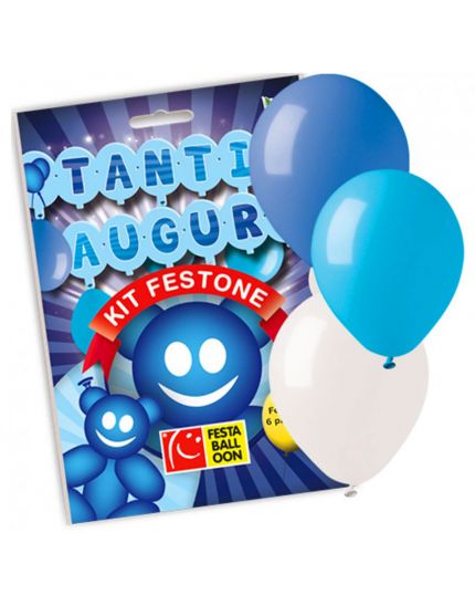Set Festone Carta Scritta Tanti Auguri Azzurra e 6 Palloncini Celesti