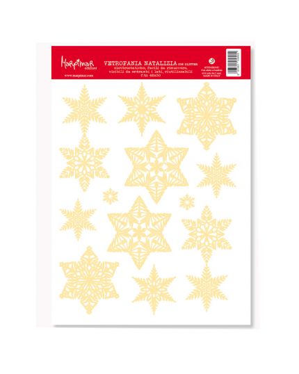 Decorazione Vetrofania Natalizia Stelle e Fiocchi di Neve Oro Glitterati 42x30cm