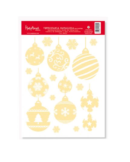 Decorazione Vetrofania Natalizia Palline Natale Oro Glitterate 42x30cm