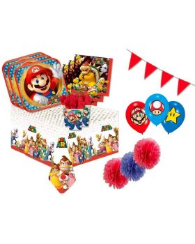 Kit Coordinato Tavola Premium Compleanno Super Mario Run con Palloncini Festoni e Decorazioni per 32 Persone