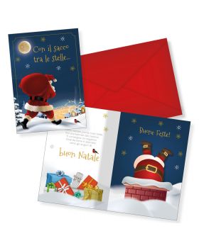 Biglietto Auguri Natale con Suoni e Movimento Babbo Natale con Il Sacco Tra Le Stelle 22x15,5cm