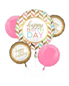 Bouquet Palloncini Happy Birthday Rosa e Oro 5pz