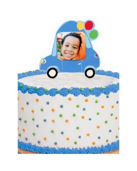 Sopratorta Cake Topper Pvc Portafoto Macchinina Azzurra con Palloncini 11cm