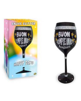 Calice Vetro Nero Buon Compleanno Glitter e Strass