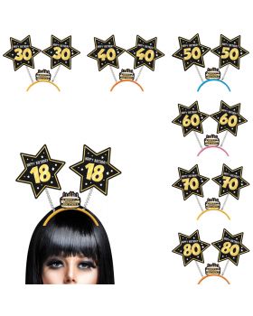 Cerchietto con Antenne Stella Compleanno Nero e Oro Varie Età