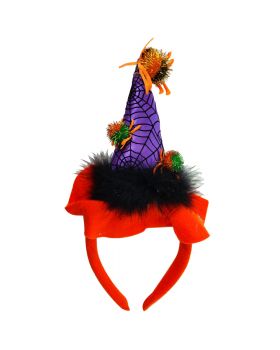 Cerchietto Halloween Cappello da Strega Viola con Piume e Ragni