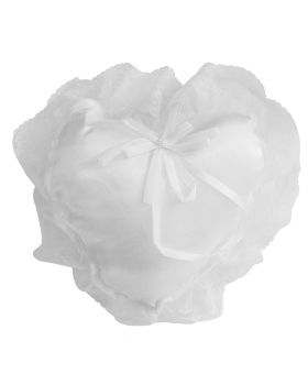 Cuscino per Fedi Matrimonio Forma Cuore in Raso Bianco con Pizzo 16x17cm