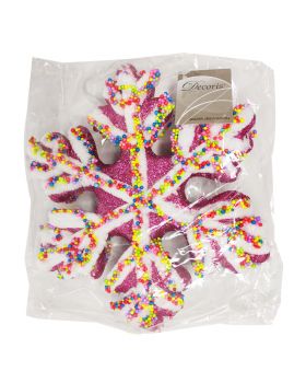 Decorazione per Albero di Natale Fiocco di Neve Polistirolo con Glitter Fucsia e Confettini Colorati 20cm