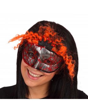 Maschera Argento con Pizzo, Paillettes, Coroncina e Capelli Rossi