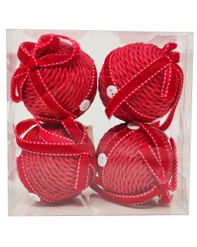 Palline Natale Rosse Corda e Bottoni con Nastri 7,5cm 4pz