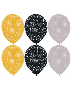 Palloncini Lattice Medi Compleanno Happy Birthday Oro, Nero e Argento 6pz