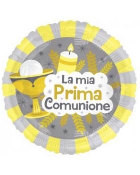 Palloncino Foil Rotondo La mia Prima Comunione Righe Gialle e Grigie 45cm