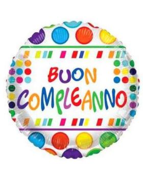 Palloncino Foil Rotondo Buon Compleanno Pois Multicolor 46cm