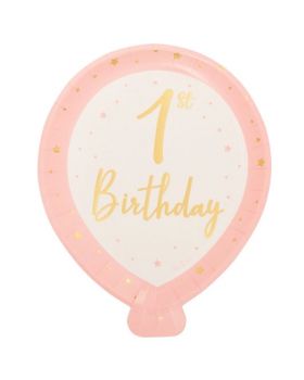 Piatti Carta Primo Compleanno Forma Palloncino Baby Girl Chic Rosa