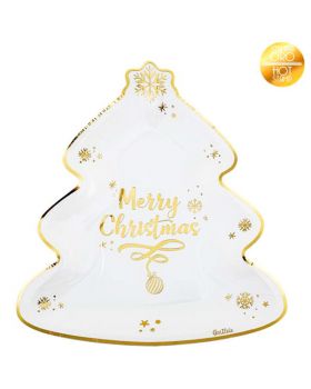 Piatti Carta Forma Albero di Natale Merry Christmas Oro