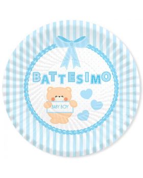 Piatti Carta Battesimo Bambino Teddy Celeste