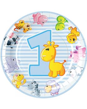 Piatti Carta Primo Compleanno Celeste Bambino con Animaletti