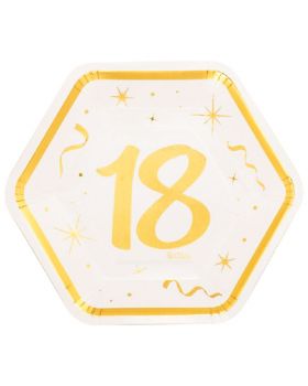 Piatti Esagonali Carta Compleanno 18 Anni Bianchi con Decorazioni Oro Metal