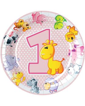 Piatti Carta Primo Compleanno Rosa Bambina con Animaletti