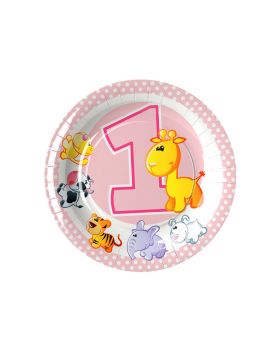 Piattini Dessert Carta Primo Compleanno Rosa Bambina con Animaletti