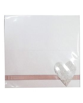 Segnaposto Matrimonio Carta Perlata Bianca con Cuore Decorato e Nastro Tortora 6pz